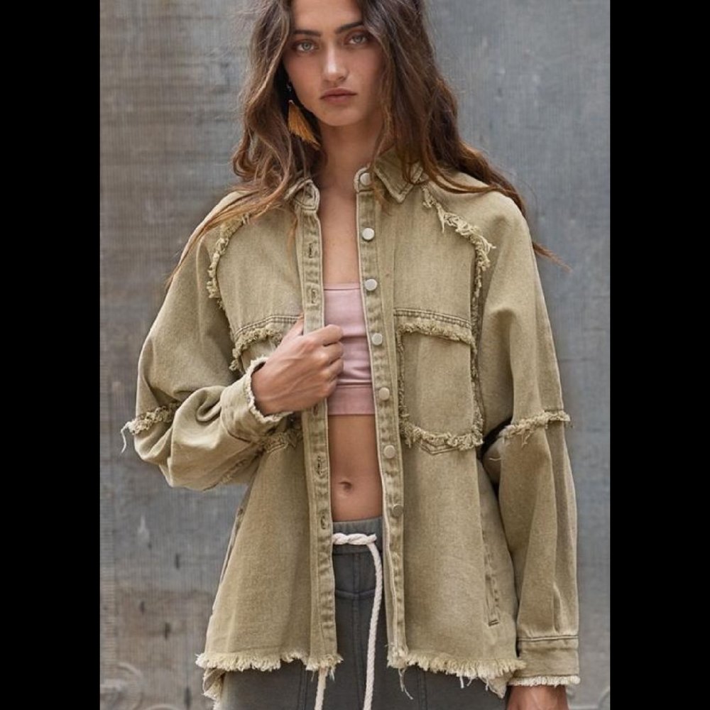 POL Vintage Looking Distressed Olive Green Shacket Jacket: